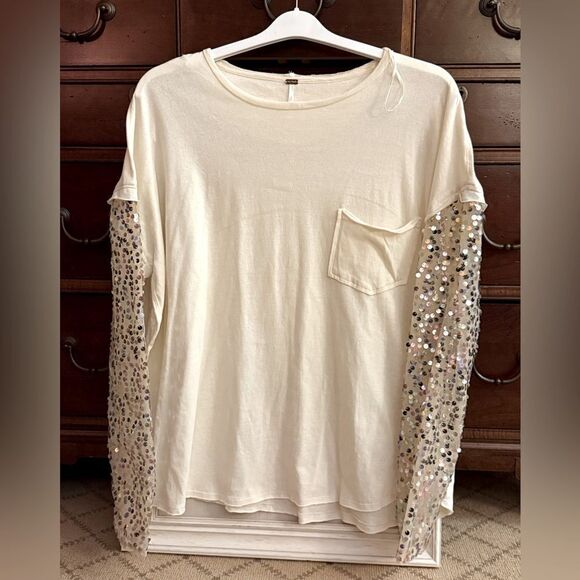 Free People ivory long sleeve flowy top with sequin sleeves M - Picture 1 of 11